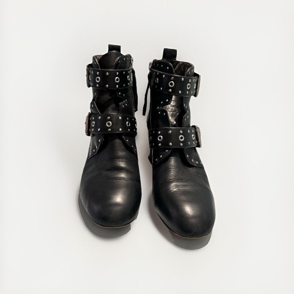REBECCA MINKOFF Women's Black Leather Lamba Logan Booties Studded Sz 6 Buckle - Picture 5 of 14